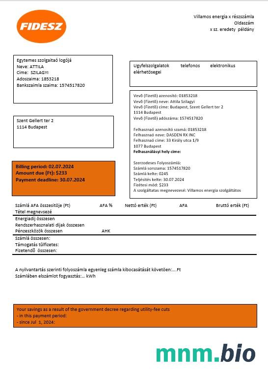 Węgry FIDESZ łatwy do wypełnienia szablon rachunku za media Biznesowe w formatach Word i PDF